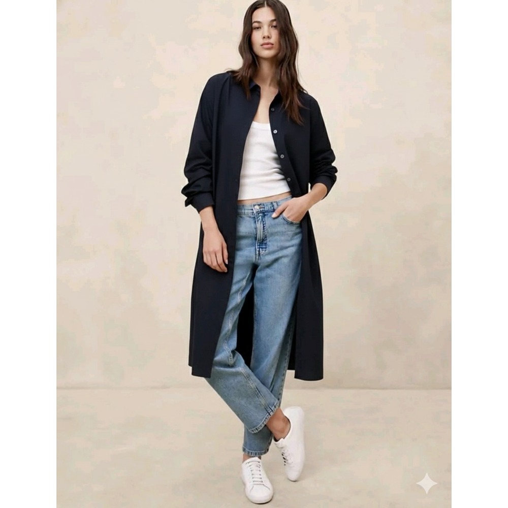 New Banana Republic ShirtDress Medium Long‎ Sleeve Poplin Midi Cotton Navy Blue